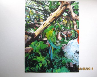 Original acrylic painting of a green macaw in a conservatory