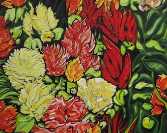 original acrylic painting of red and yellow flowers