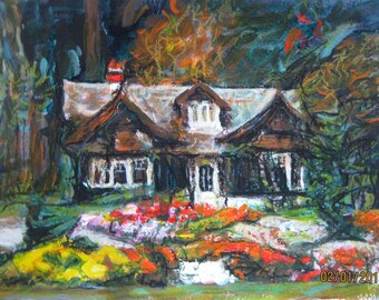 original acrylic and oil pastel painting of a house in a dark forest - Stanley Park, Vancouver, B.C.