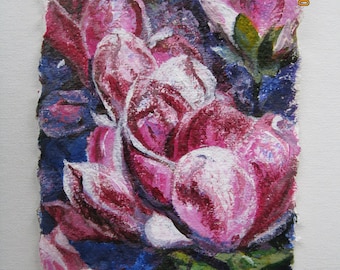 original small acrylic painting of pink magnolias on paper