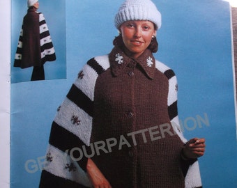 INSTANT DOWNLOAD PDF,  Digital File Knitted Pattern - 2 Patterns, Ladies Poncho Pattern, Pull Over Cardigan, Knit Hat, Large Cape pdf file