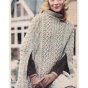 INSTANT DOWNLOAD PDF, 70's Knitting Pattern Irish Aran Poncho Cape Thigh Length One Size, Digital File Crochet Pattern -