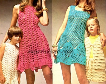 INSTANT DOWNLOAD PDF, Crochet Dress Pattern 1970s, womans and girls pattern, Dress Digital File Crochet Pattern -
