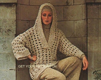 INSTANT DOWNLOAD PDF,  Digital File Crochet Pattern - Womens Mesh Sweater, Ladies Pull Over,  Mesh Hooded Tunic, Crochet Top or Sweater