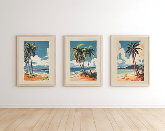 Mid-Century Beach Holiday Ad Illustration Prints | Set of 3 Digital Print Bundle | Oceanic Wall Prints | Palm Tree Nature Scenic Art