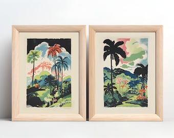 Tropical Landscape Illustrated Prints | Set of 2 Digital Print Bundle | Hawaiian Tropical Rainforests Decor | Nature Flora Poster Art