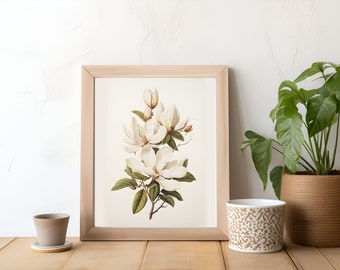 Magnolia Buds and Blooms Botanical Illustration | Instant Download Digital Print | Elegant Floral Decor | Nature Themed Flower Wall Decor