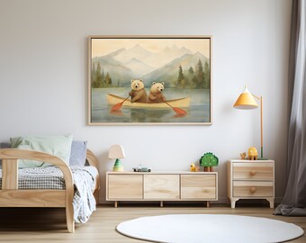 Bears in a Canoe Kids Room Decor Prints | Digital Print Download | Nature Camping Nursery Decor | Nature Animal Poster Art