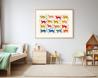 Cheetah Parade Printable Wall Poster | Digital Download Nursery Art | Neutral Room Nursery Decor | Big Cat Wild Animal Illustration Poster