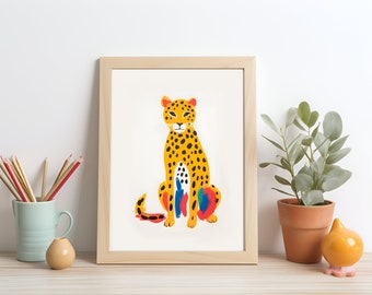 Cheetah Illustration Prints | Big Cat Digital Download Art | African Safari Nursery Room Theme | Playful Childrens Art Animal Drawing