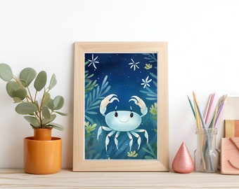 Cute Blue Crab Illustration Nursery Wall Art Print | Instant Download Digital Art | Sea Themed Nursery Decor |  Ocean Life Poster