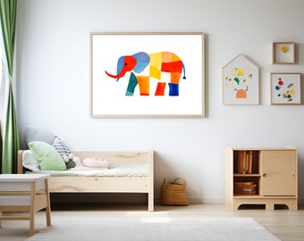 Quilted Elephant Digital Download Art Print | Safari Nursery Kids Room Theme | Children Playroom Poster Decor | Primary Colors Canvas