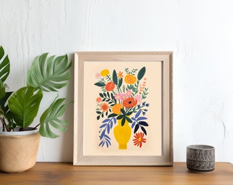 Yellow Flower Bouquet Floral Print | Instantly Download Digital Print | Bright Happy Wall Art | Colorful Minimal Poster | Fauvist Still Life