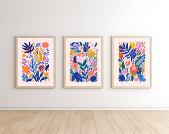 Fauvist Flower Bunch Floral Posters Set | 3 Piece Digital Print Bundle | Matisse Inspired Maximalist Decor | Pink Gallery Wall Collection