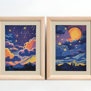 Magical Night Sky Nursery Print Set / Conjunto de 2 paquetes de impresión digital / Sala de niñas Arte de pared caprichoso / Carteles del cielo nocturno de la luna estrella