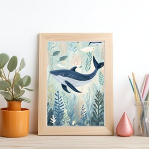 Blauwal Illustration Kinderzimmer Wand Kunst Druck | Sofortiger Download Digitale Kunst | Neutral Kinderzimmer Dekor | Ocean Friends Meeresbewohner Poster