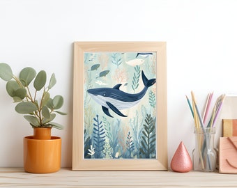 Blue Whale Illustration Nursery Wall Art Print | Instant Download Digital Art | Neutral Nursery Decor |  Ocean Friends Sea Creatures Poster