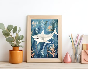 Shark Friend Nursery Room Decor Print| Instant Download Digital Art | Ocean Under the Sea Nursery Decor | Sea Creatures Poster Art