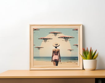 UFO Visit High Season Surreal Photo Print | Sci-fi Home Decor | Printable Art Digital Download | Alien Vacation Retro Cosmic Poster