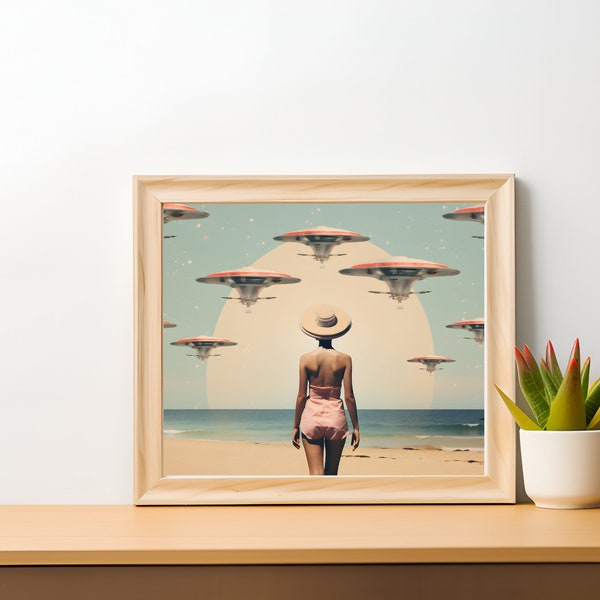 UFO Visit High Season Surreal Photo Print | Sci-fi Home Decor | Printable Art Digital Download | Alien Vacation Retro Cosmic Poster