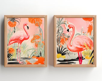 Pink Flamingo Tropical Home Decor Printable Wall Prints | Set of 2 Digital Print Bundle | Illustrated Animal Poster Set | Fauvist Art