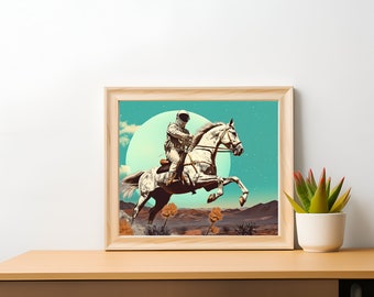 Space Cowboy Bucking Bronco Desert Print | Digital Download Art Print | Retro Futuristic Pop Art | Sci-fi Outer Space Art Poster