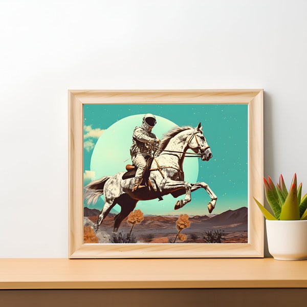 Space Cowboy Bucking Bronco Desert Print | Digital Download Art Print | Retro Futuristic Pop Art | Sci-fi Outer Space Art Poster