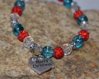 Merry Christmas Bracelet, Red and Green, Christmas Jewelry, Beaded Christmas Bracelet, 7.25"