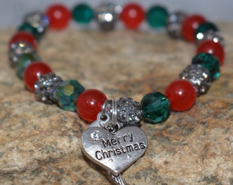 Merry Christmas Bracelet, Angel Wing, Merry Christmas Charm, Christmas Bracelet, Red and Green, 7"