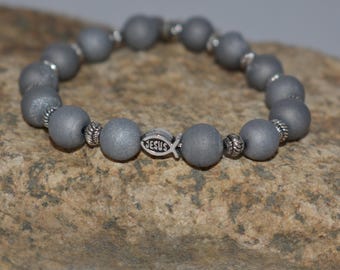 Silver Druzy Agate Jesus Fish Bracelet with Cross Charm