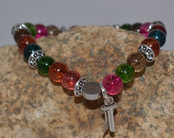 Initial Bracelet with Angel Wing, Initial Jewelry, Letter T Bracelet, Tourmaline, 7.25"