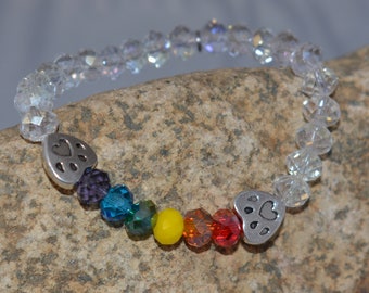 Rainbow Bridge/Pet Loss Hope Angel Bracelet, Swarovski Crystal Beads, Stretch Bracelet, Paw Prints Charm, Free Shipping