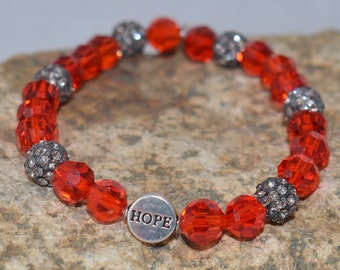 Hope Bracelet, Red Crystal Bracelet, Angel Wing, Red Bracelet, Inspirational Jewelry, Stretch Bracelet, 7.5"