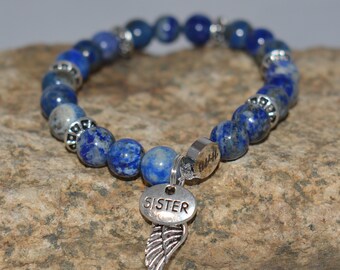Sister Bracelet, Gift for Sister, Bracelet for Sister, Lapis Lazuli, Angel Wing Bracelet, 7.25"