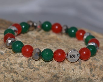 Hope Red and Green Christmas Bracelet, Christmas Jewelry, Beaded Christmas Bracelet 7"