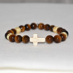 Cross Bracelet, Beaded Bracelet Tiger&#39;s Eye, Religious Beaded Bracelet, Cross Bracelet, Christian Gift, 7.25&quot;