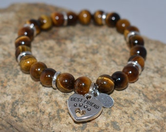 Best Friend Paw Print Bracelet, Tiger's Eye, Angel Wings, 7.25"