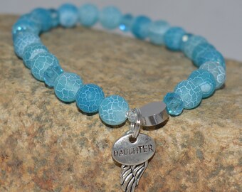 Daughter Bracelet, Gift for Daughter, Bracelet for Daughter, Blue Crackled Agate, Angel Wing Bracelet, 7.5"