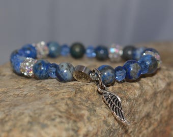 Lapis Lazuli Angel Wing Bracelet: Beaded Gemstone Jewelry, 7.25"