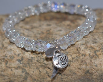 Joy Bracelet, Joy, Clear Crystal, Angel Wing, Inspirational Jewelry, Stretch Bracelet, 7.25"