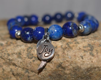 Joy Bracelet, Joy, Lapis Lazuli, Angel Wing, Blue Bracelet, Inspirational Jewelry, Stretch Bracelet, 7"