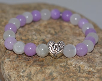Pulsera de amatista y selenita con alas de ángel: piedra natal de febrero