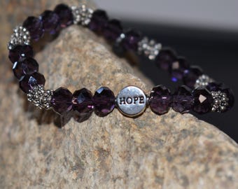 Pulsera HOPE de cristal morado: pulsera elástica de cuentas con separadores de plata; un regalo inspirador para ella; 18,3 cm