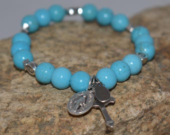 Pulsera de Medalla Milagrosa y Crucifijo: Joyería cristiana con cuentas turquesas y espaciadores de pez Jesús, 18,3 cm