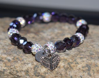 Pulsera de alas de ángel de cristal morado, pulsera elástica de cuentas, espaciador de cristal pavé, joyería Hope, regalo para ella 7.25