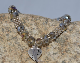 Pawprints On My Heart Bracelet, Silvery Gray Crystal Bracelet, Pet Bracelet, 7.5"