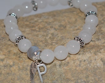 Initial Bracelet with Angel Wing, Initial Jewelry, Letter P Bracelet, Initial P, White Jade, 7.25"