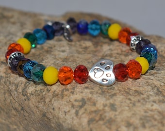 Rainbow Bridge/Pet Loss Hope Angel Bracelet, Swarovski Crystal Beads, Stretch Bracelet, Paw Prints Charm, Made to Order, Free Shipping