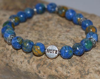Pulsera de turquesa y magnesita azul pavo real - Charm HOPE, diseño de cuentas elásticas