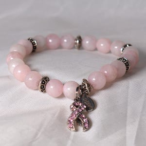 Rose Quartz Pink Ribbon Bracelet – Breast Cancer Awareness Angel Wing Charm, Stretch Beaded Jewelry afbeelding 5